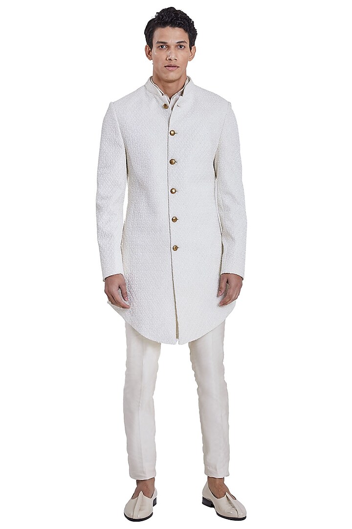 White Floral Deconstructed Sherwani by Kunal Rawal