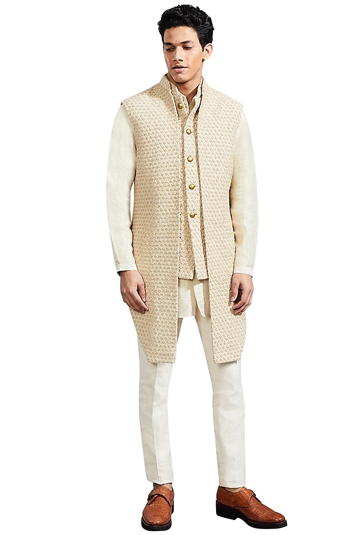 Dull Gold Floral Indowestern Jacket by Kunal Rawal