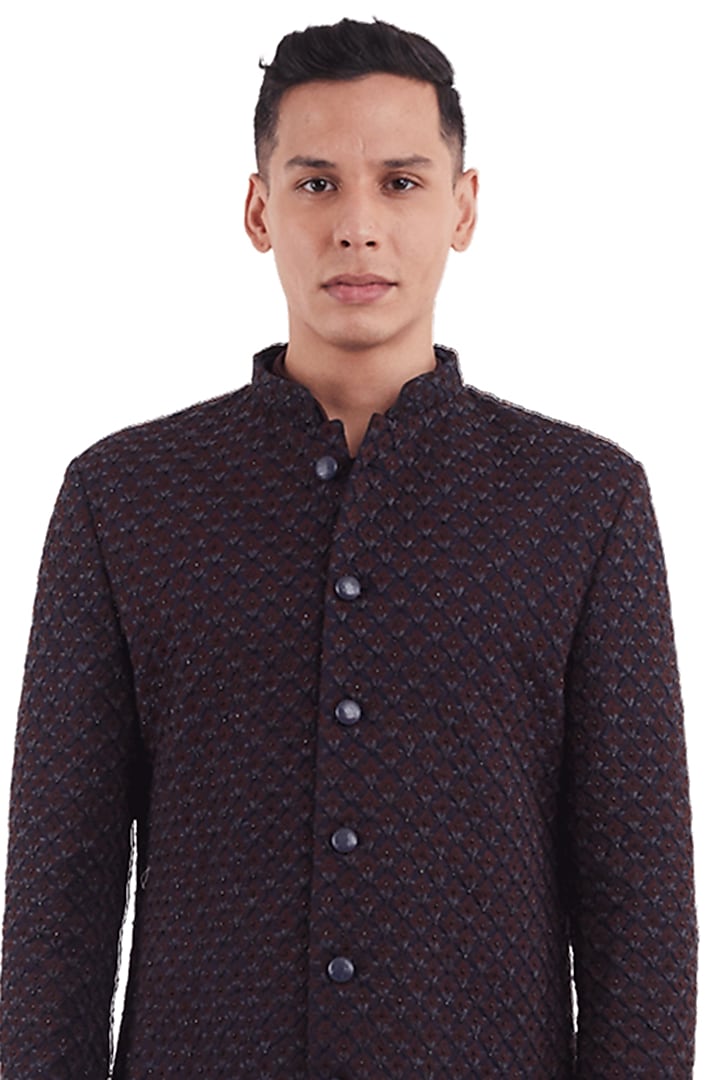 Wine & Navy Suiting Thread Work Jacket by Kunal Rawal at Pernia's Pop Up Shop