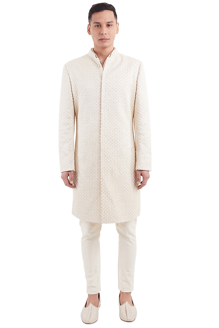 Cream Jacket With Concealed Sherwani by Kunal Rawal
