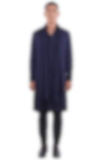 Navy Linen Satin Knotted Kurta by Kunal Rawal at Pernia's Pop Up Shop