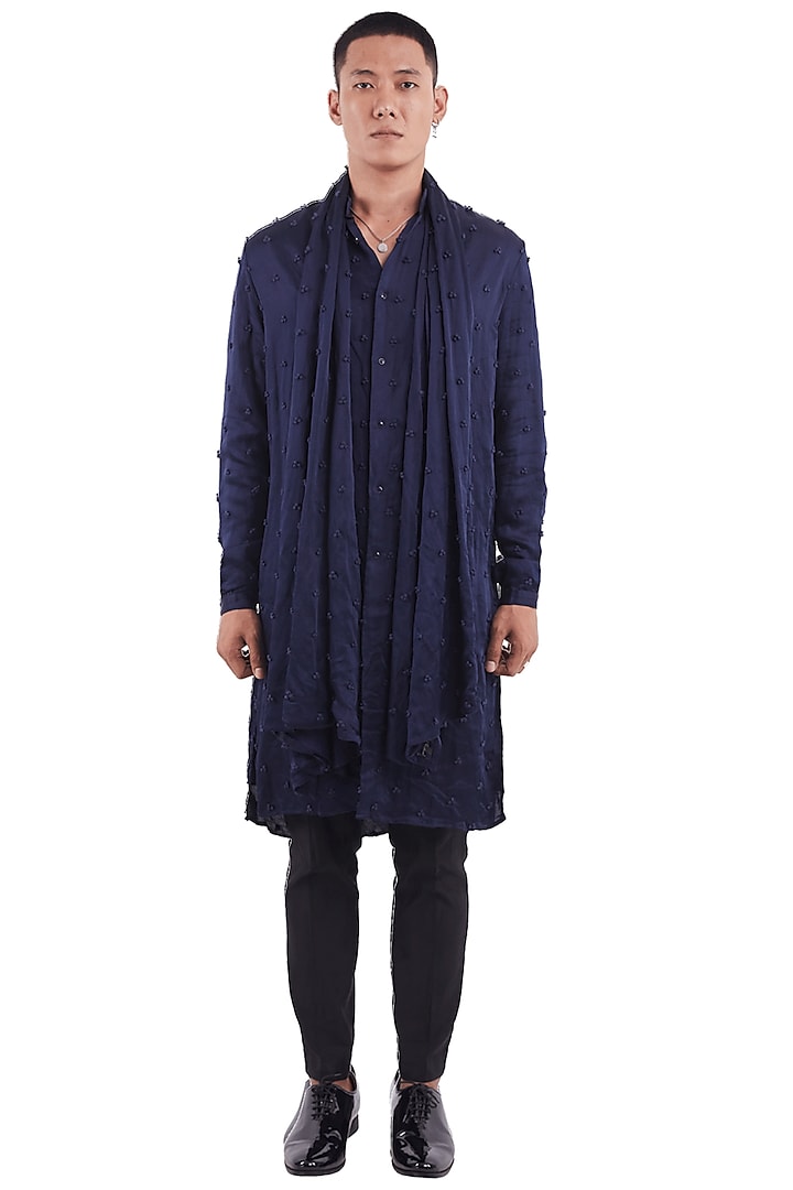 Navy Linen Satin Knotted Kurta by Kunal Rawal at Pernia's Pop Up Shop
