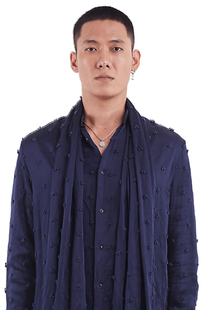 Navy Linen Satin Knotted Kurta by Kunal Rawal at Pernia's Pop Up Shop