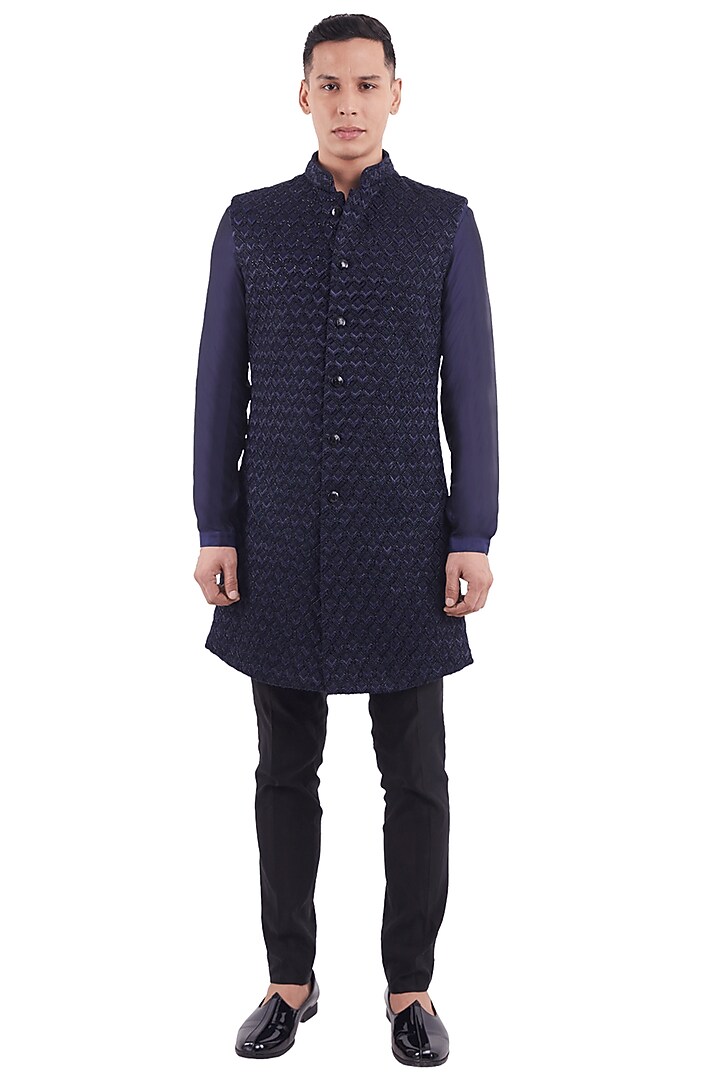Navy Suiting Chevron Long Jacket by Kunal Rawal at Pernia's Pop Up Shop