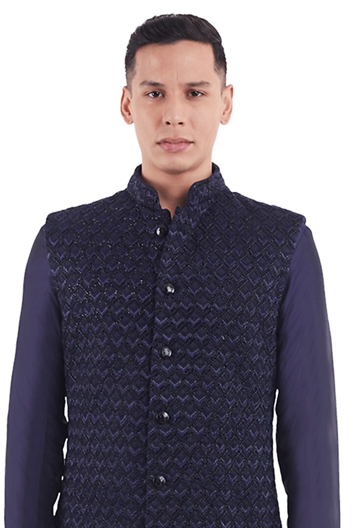 Navy Suiting Chevron Long Jacket by Kunal Rawal at Pernia's Pop Up Shop