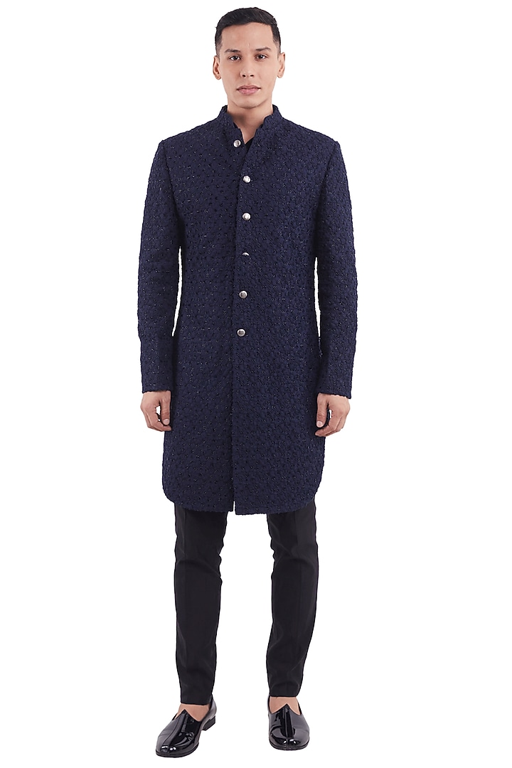 Navy Suiting Knotted Groom Sherwani by Kunal Rawal at Pernia's Pop Up Shop
