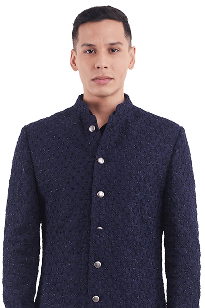 Navy Suiting Knotted Groom Sherwani by Kunal Rawal at Pernia's Pop Up Shop