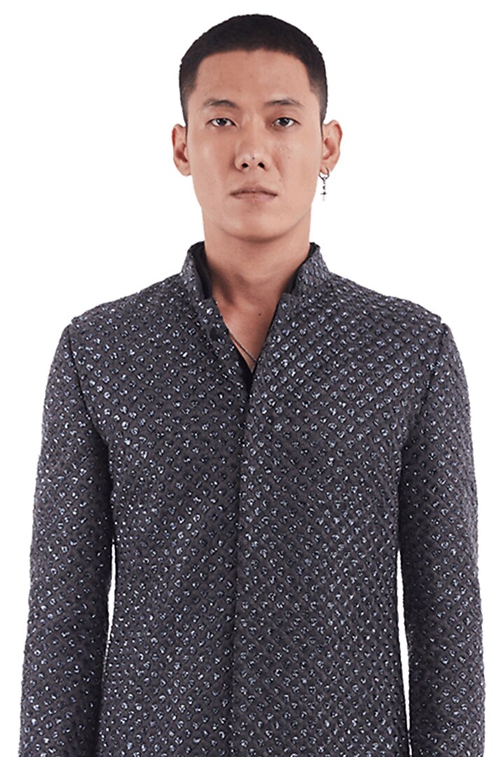 Grey & Black Decon Groom Sherwani by Kunal Rawal at Pernia's Pop Up Shop