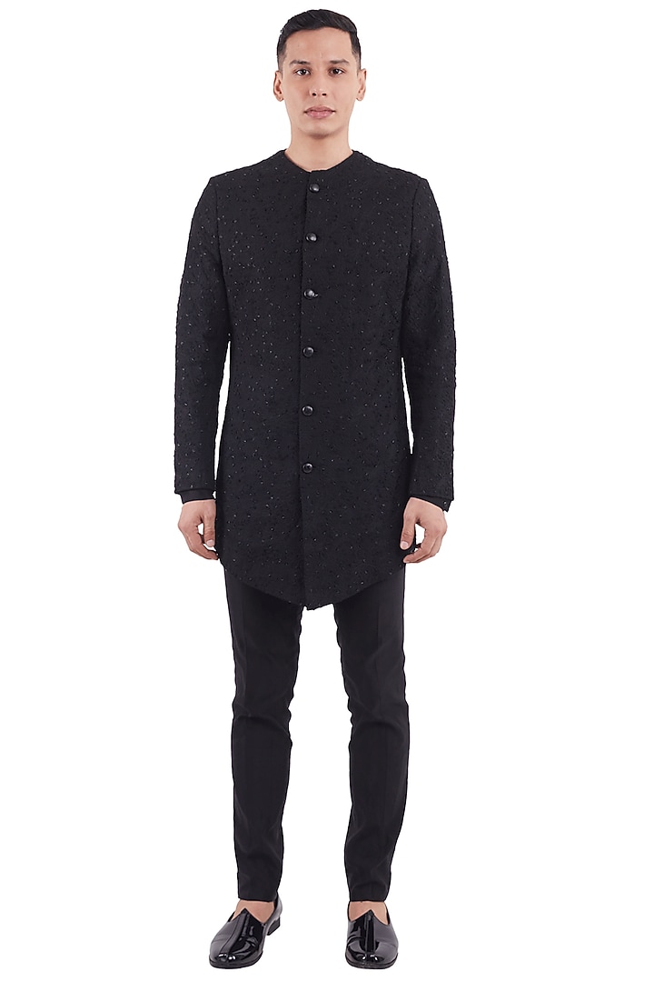 Black Suiting Embroidered Groom Sherwani by Kunal Rawal at Pernia's Pop Up Shop