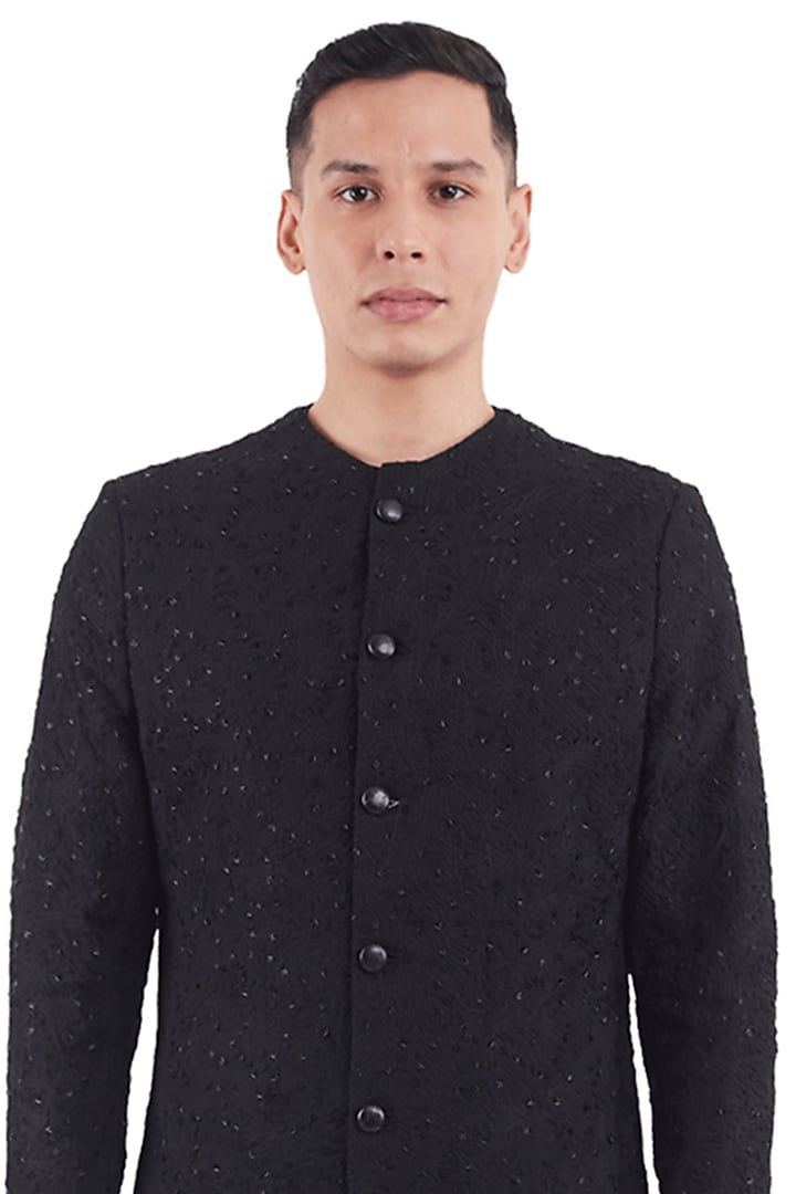 Black Suiting Embroidered Groom Sherwani by Kunal Rawal at Pernia's Pop Up Shop