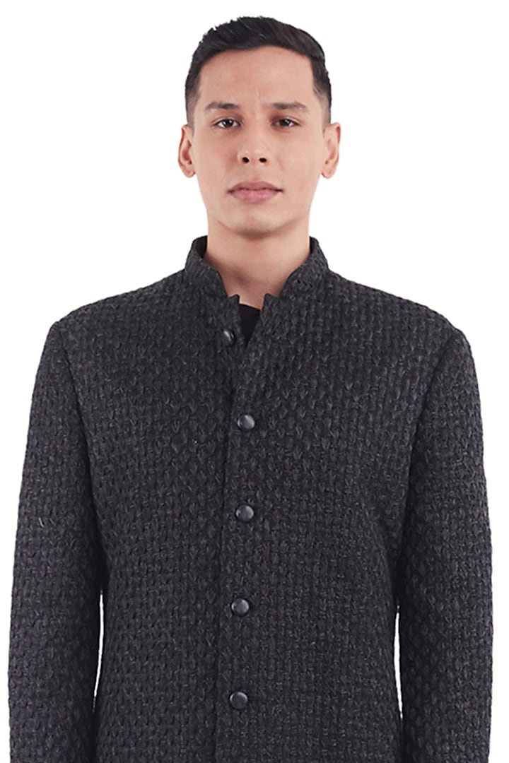 Black Suiting Thread Work Groom Sherwani by Kunal Rawal at Pernia's Pop Up Shop
