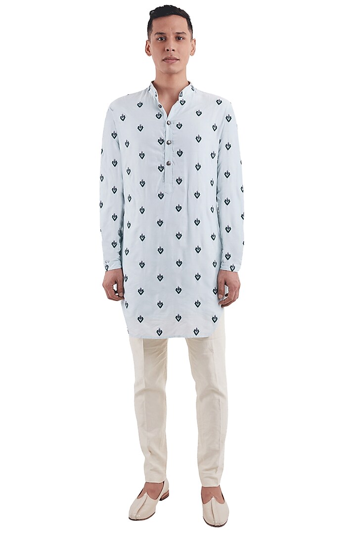 Ice Blue Cotton Silk Thread Work Kurta by Kunal Rawal at Pernia's Pop Up Shop