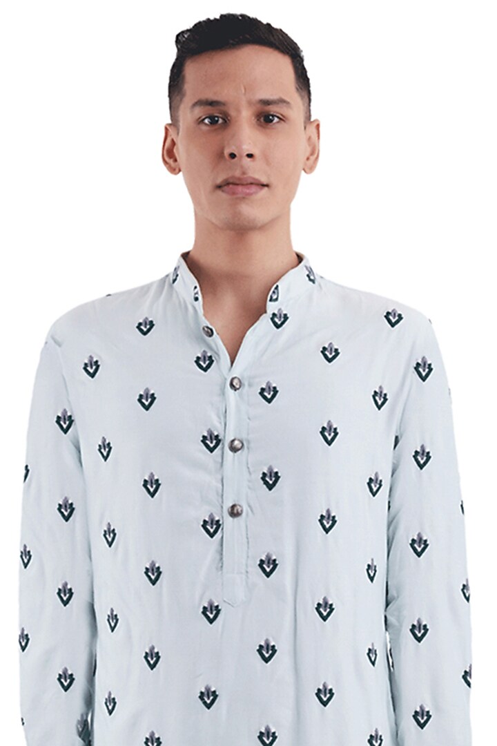 Ice Blue Cotton Silk Thread Work Kurta by Kunal Rawal at Pernia's Pop Up Shop