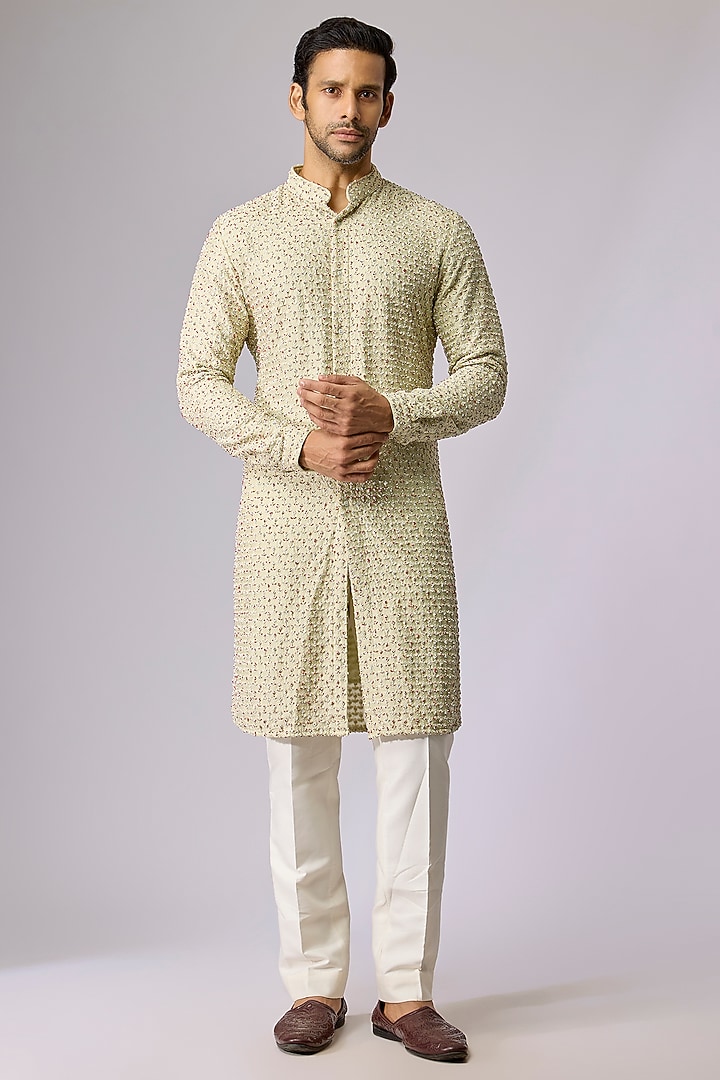 Mint Green Blended Silk Kurta by Kunal Rawal