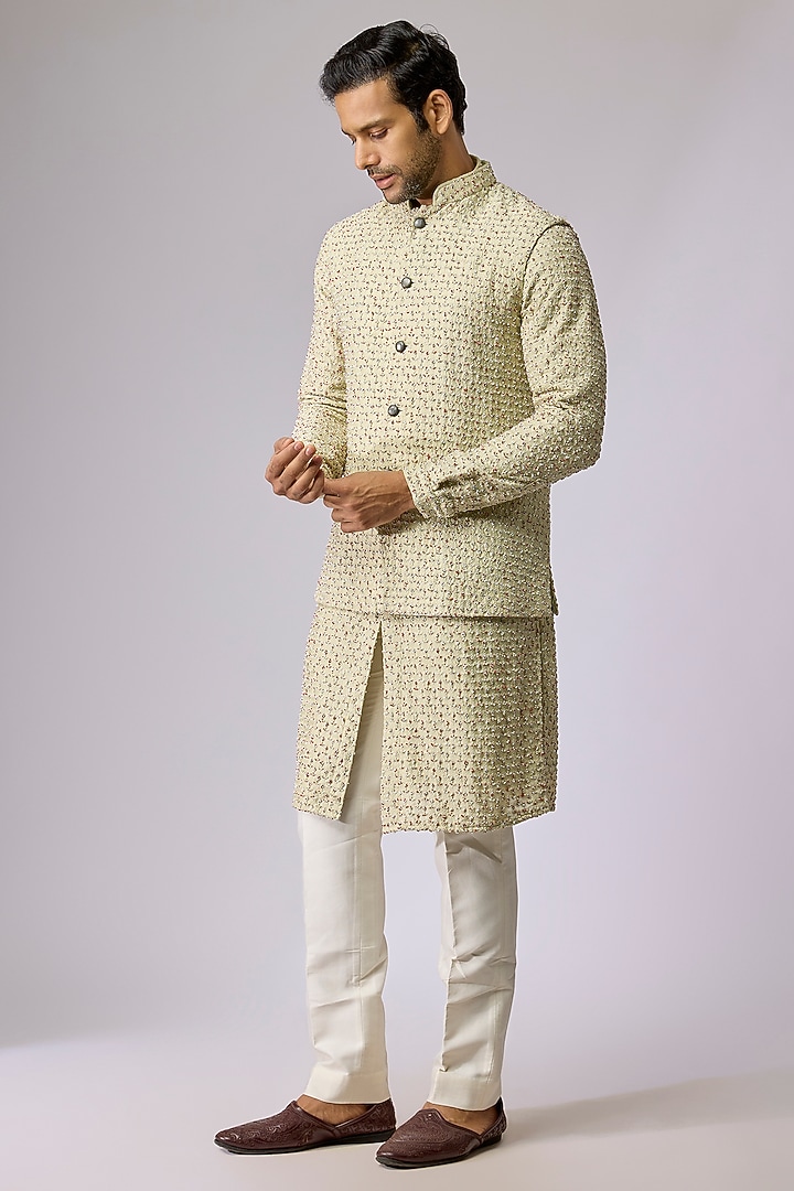 Cream Blended Silk Bundi Jacket by Kunal Rawal