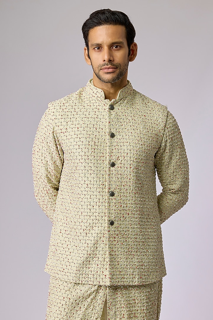 Cream Blended Silk Bundi Jacket by Kunal Rawal at Pernia's Pop Up Shop