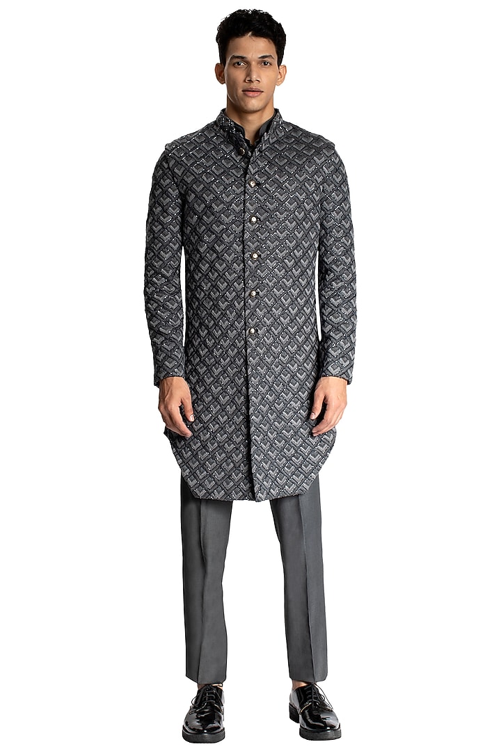 Grey Suiting Scallop Work Sleeveless Jacket Set by Kunal Rawal at Pernia's Pop Up Shop