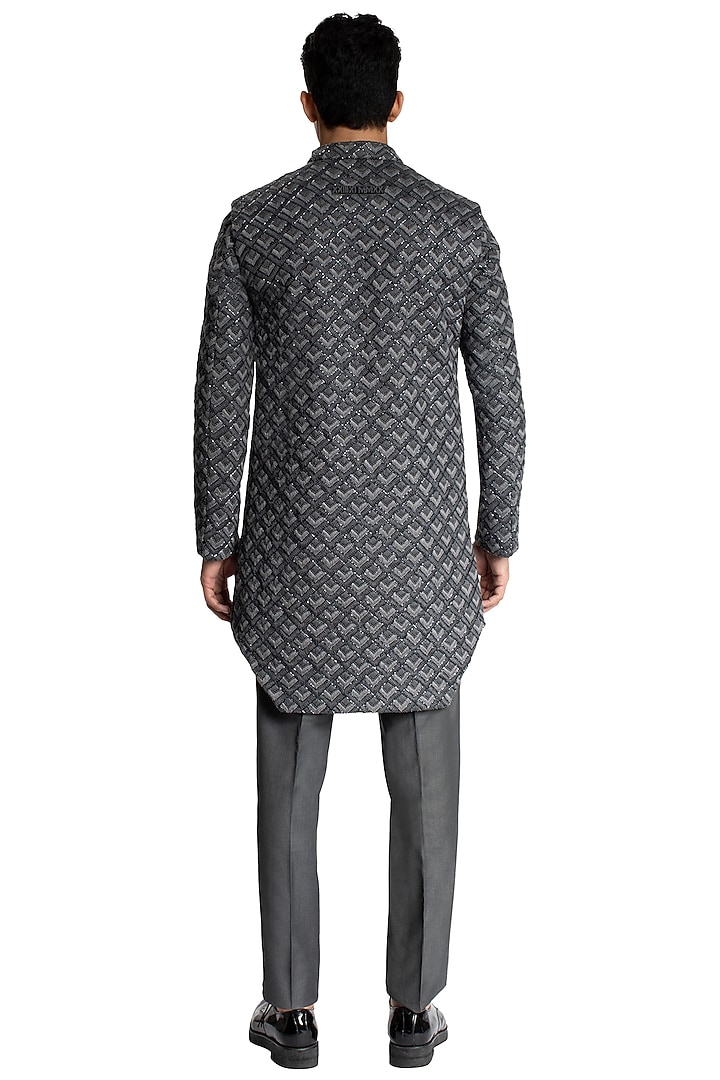 Grey Suiting Scallop Work Sleeveless Jacket Set by Kunal Rawal at Pernia's Pop Up Shop