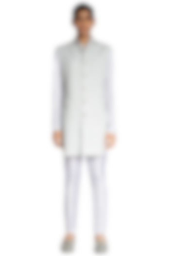 Ice Grey Sleeveless Groom Sherwani by Kunal Rawal at Pernia's Pop Up Shop
