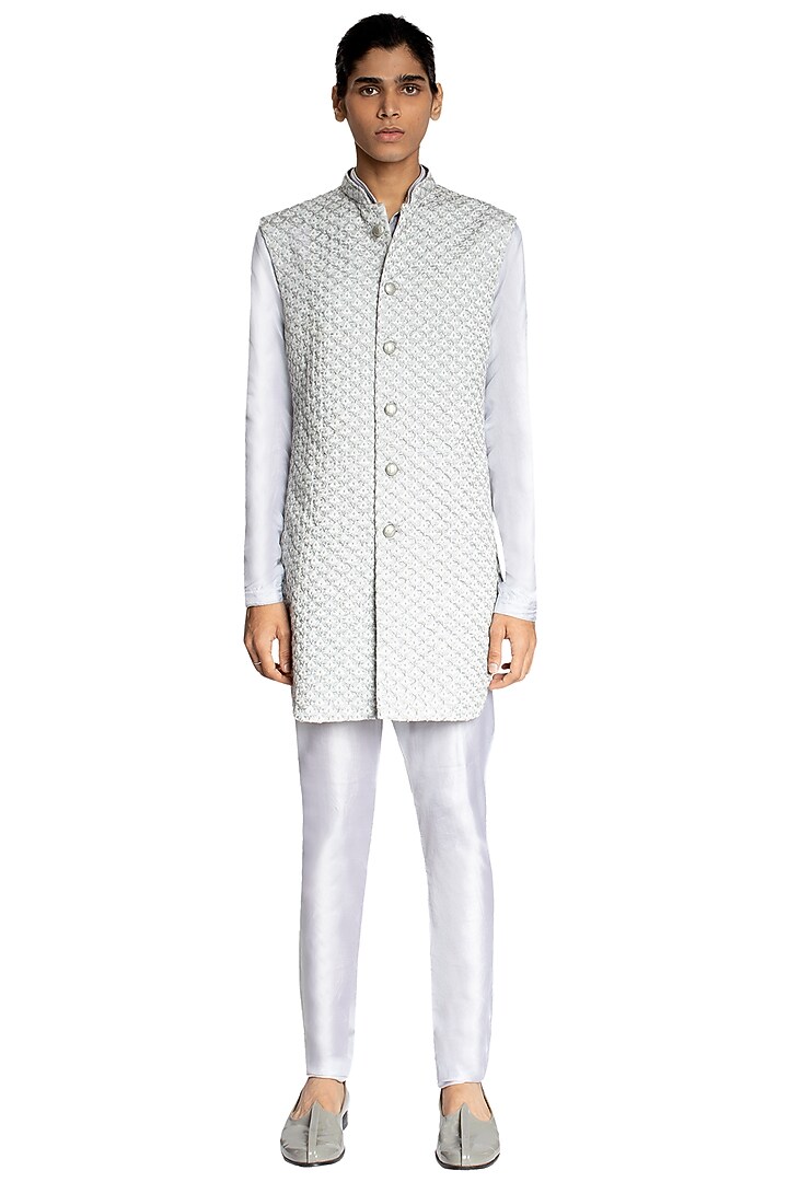 Ice Grey Sleeveless Groom Sherwani by Kunal Rawal at Pernia's Pop Up Shop