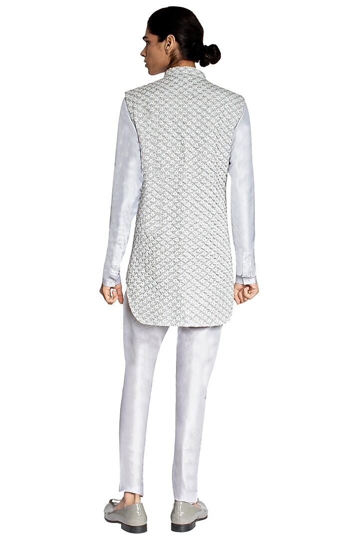 Ice Grey Suiting Thread Work Sleeveless Groom Sherwani by Kunal Rawal at Pernia's Pop Up Shop