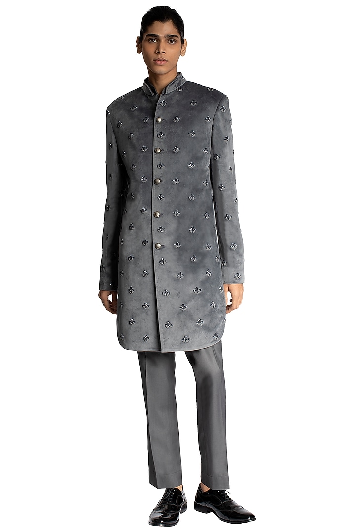 Grey Round Velvet Groom Sherwani by Kunal Rawal at Pernia's Pop Up Shop