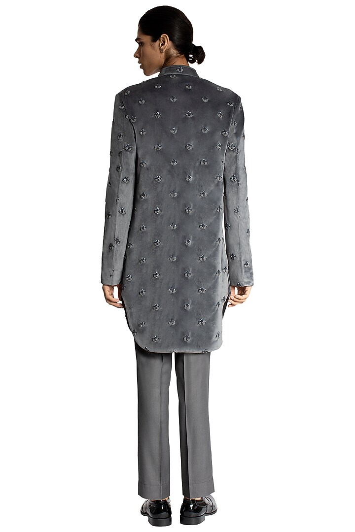 Grey Velvet Embroidered Groom Sherwani Set by Kunal Rawal at Pernia's Pop Up Shop