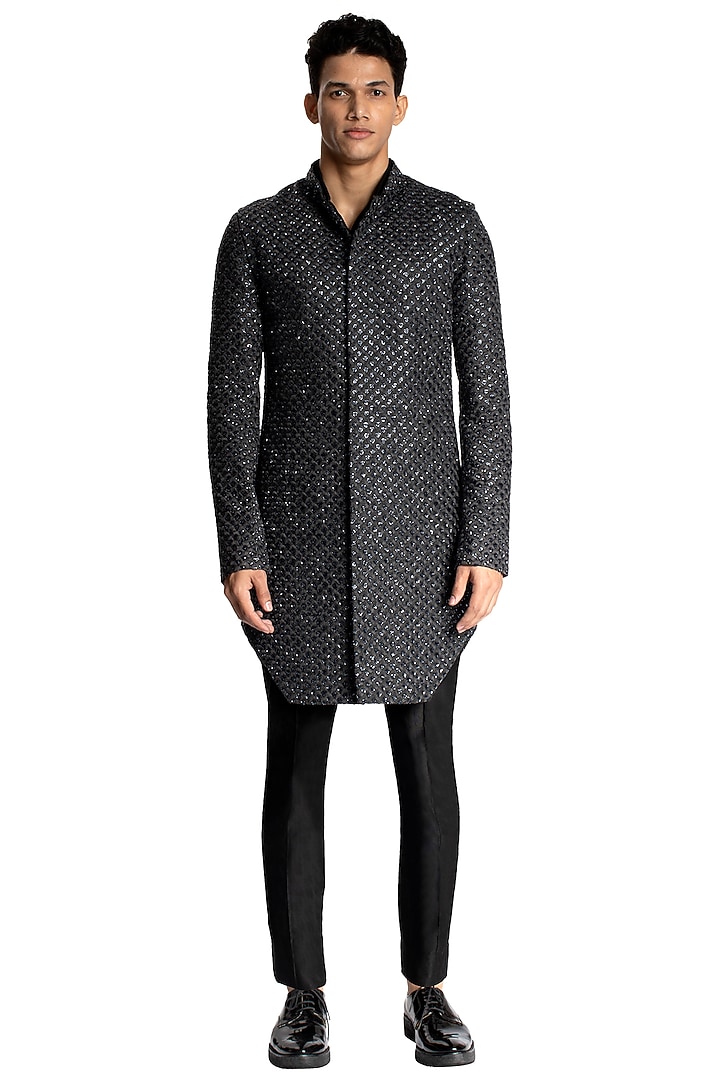 Black Suiting Scallop Work Jacket Set by Kunal Rawal at Pernia's Pop Up Shop