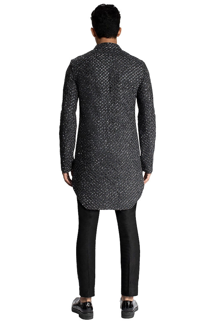 Black Suiting Scallop Work Jacket Set by Kunal Rawal at Pernia's Pop Up Shop