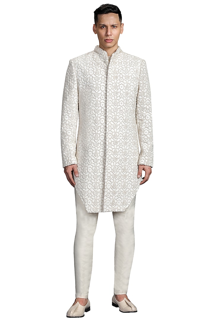 White Geometric Suiting Sherwani by Kunal Rawal
