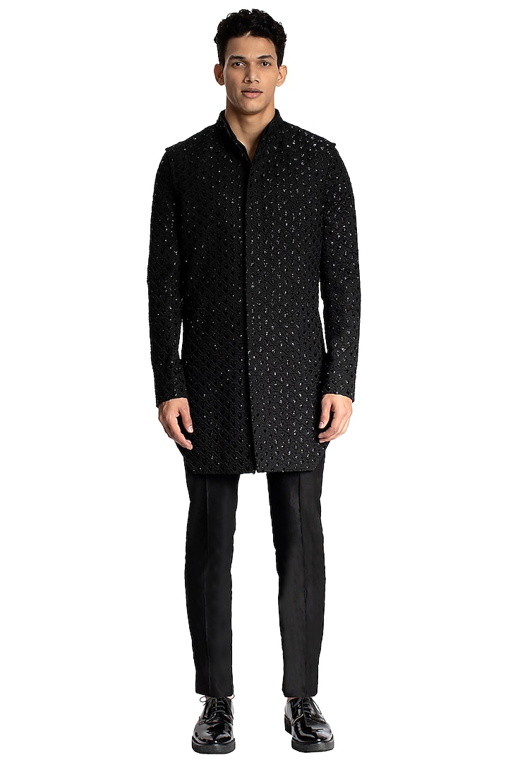 Black Suiting Thread Work Jacket Set by Kunal Rawal at Pernia's Pop Up Shop