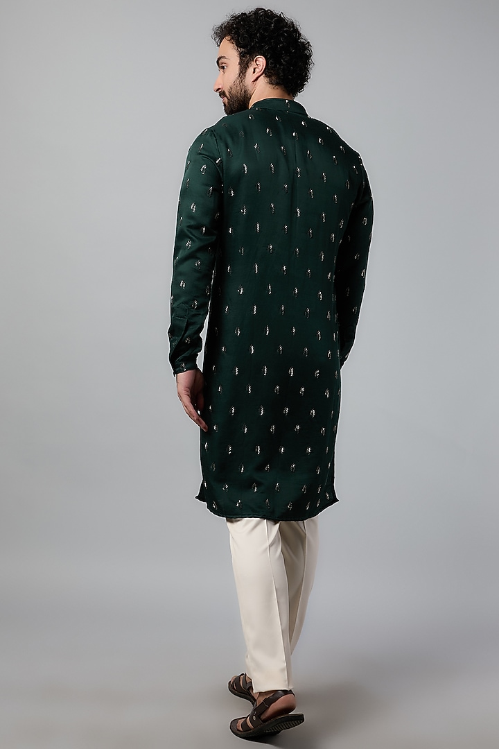 Green Linen Satin Floral Pattern Kurta by Kunal Rawal at Pernia's Pop Up Shop