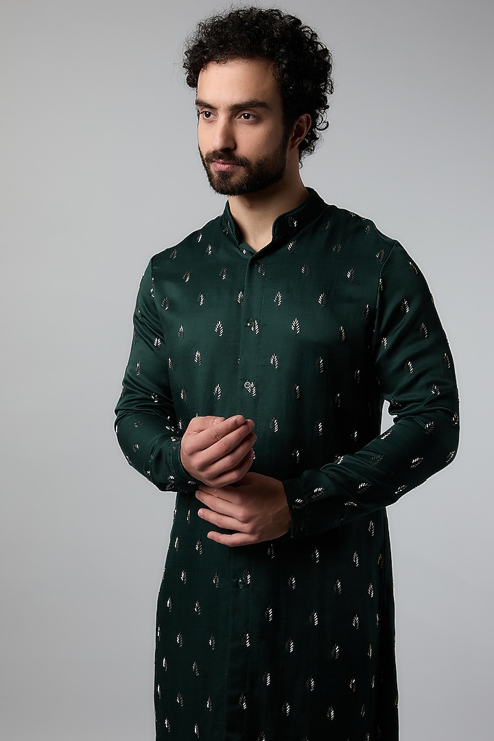 Green Linen Satin Floral Pattern Kurta by Kunal Rawal at Pernia's Pop Up Shop