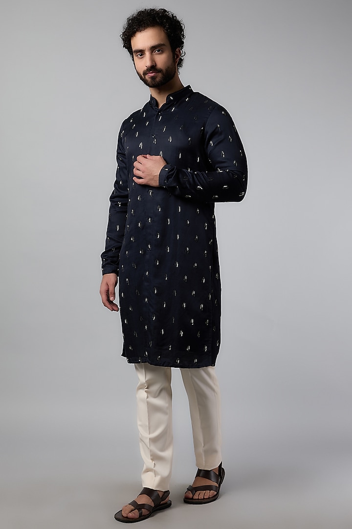 Navy Blue Linen Satin Floral Pattern Kurta by Kunal Rawal at Pernia's Pop Up Shop