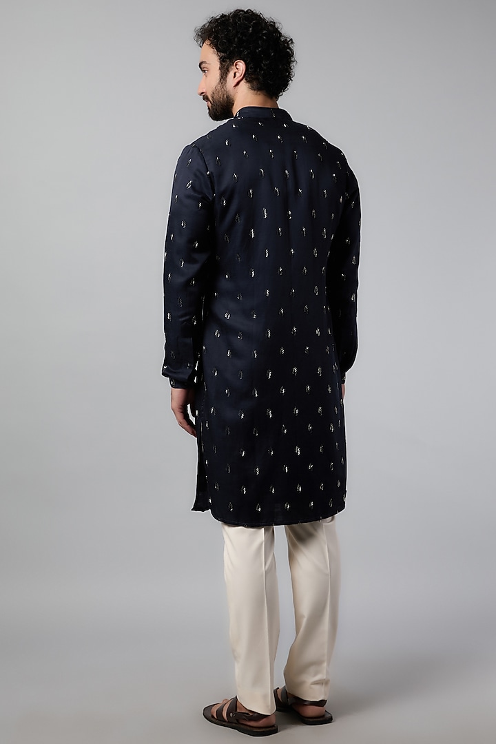 Navy Blue Linen Satin Floral Pattern Kurta by Kunal Rawal at Pernia's Pop Up Shop