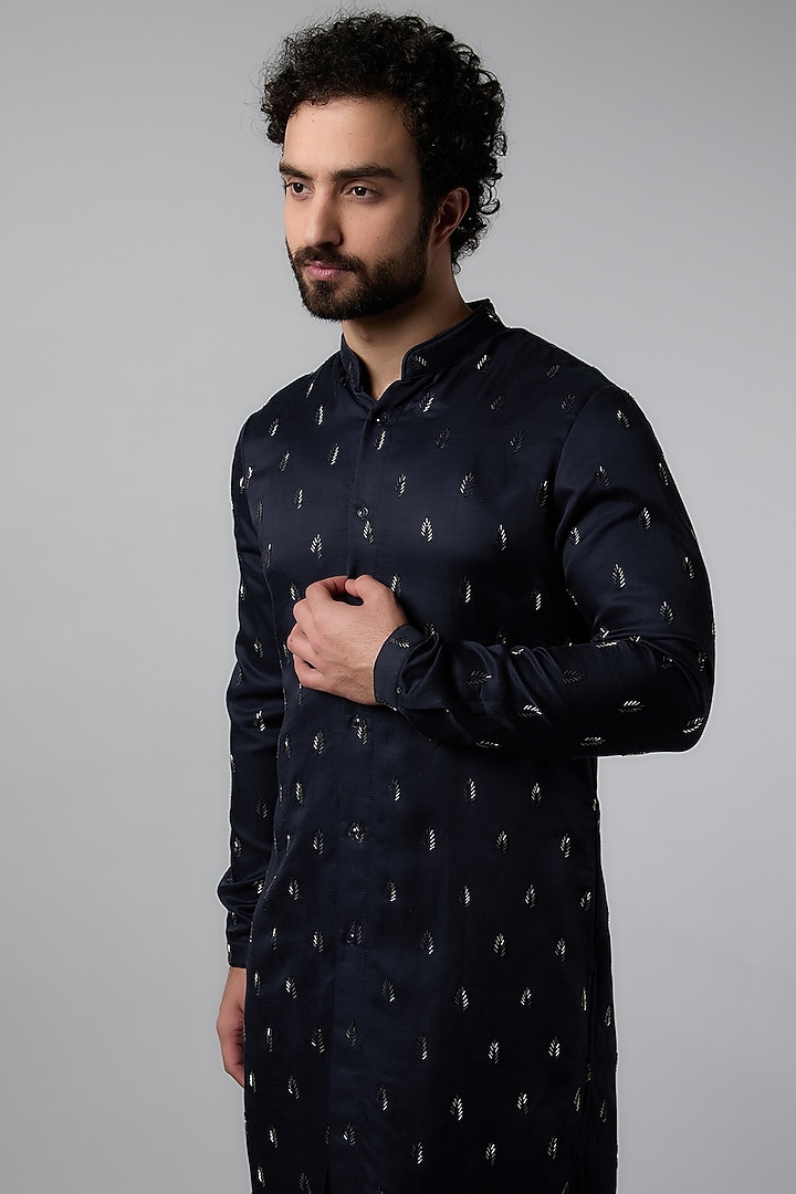 Navy Blue Linen Satin Floral Pattern Kurta by Kunal Rawal at Pernia's Pop Up Shop