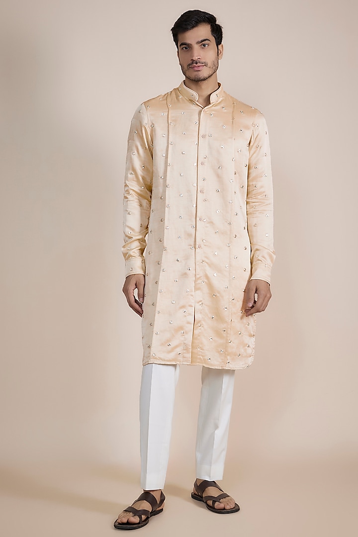 Ivory Linen Satin Mirror Motif Embroidered Kurta by Kunal Rawal