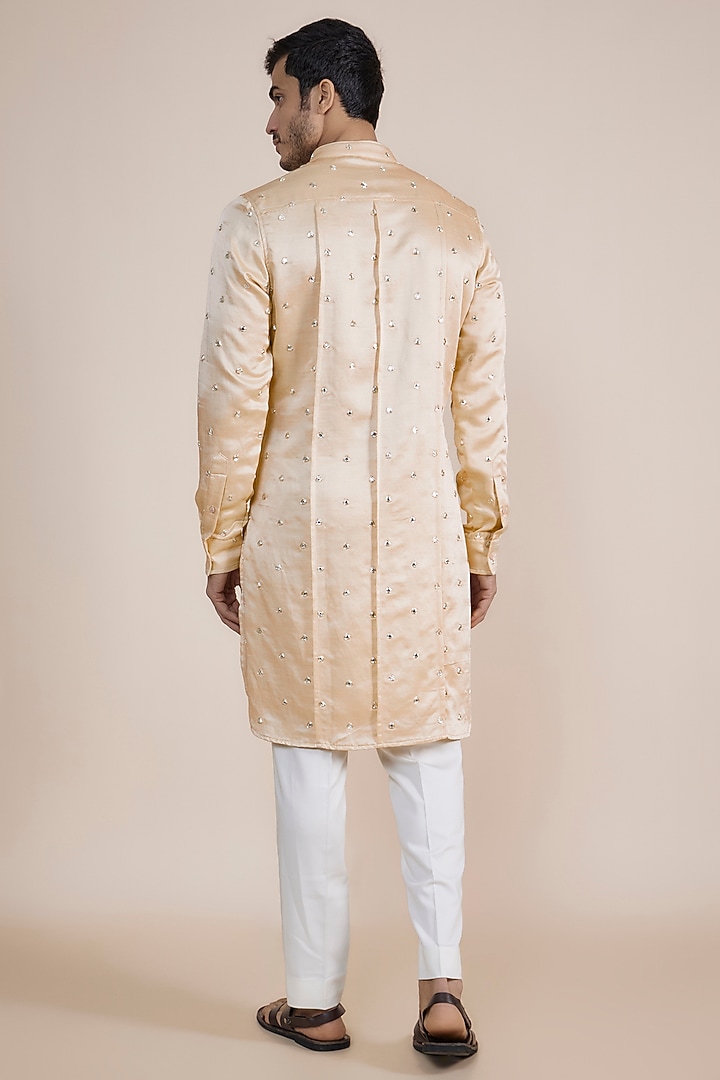 Ivory Linen Satin Mirror Motif Embroidered Kurta by Kunal Rawal at Pernia's Pop Up Shop