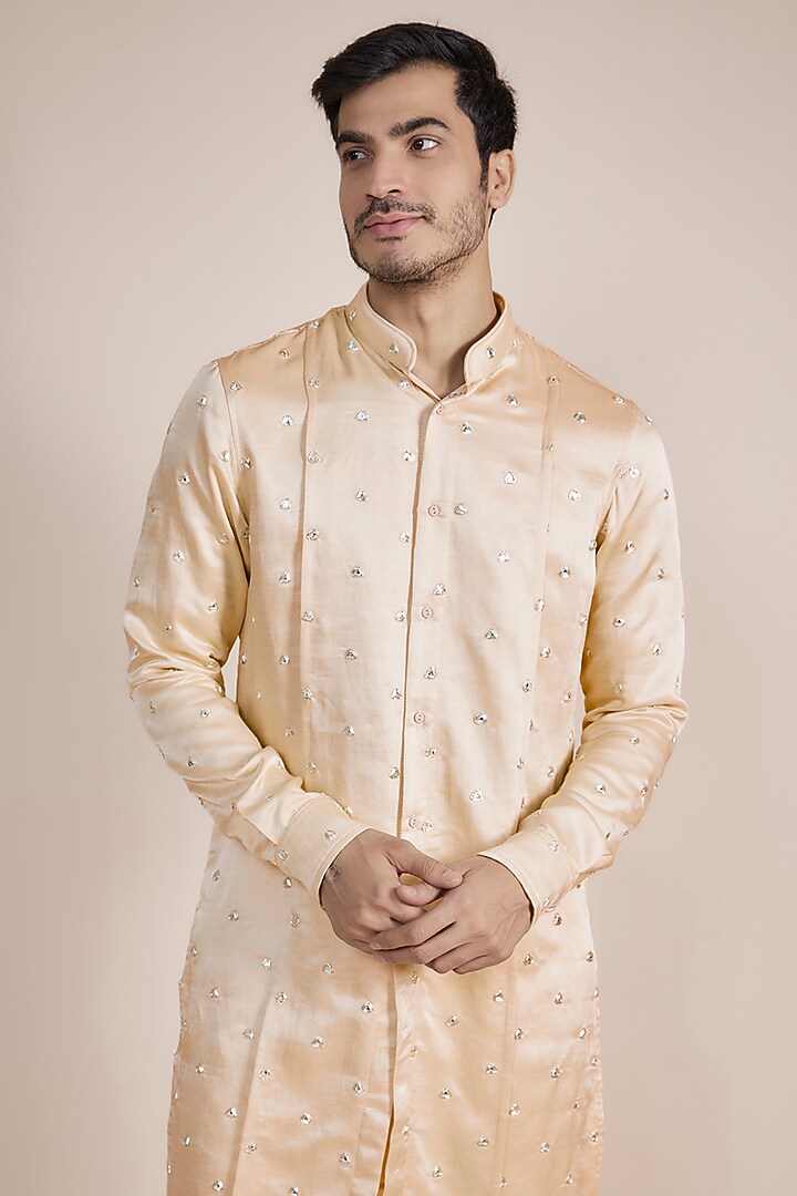Ivory Linen Satin Mirror Motif Embroidered Kurta by Kunal Rawal at Pernia's Pop Up Shop