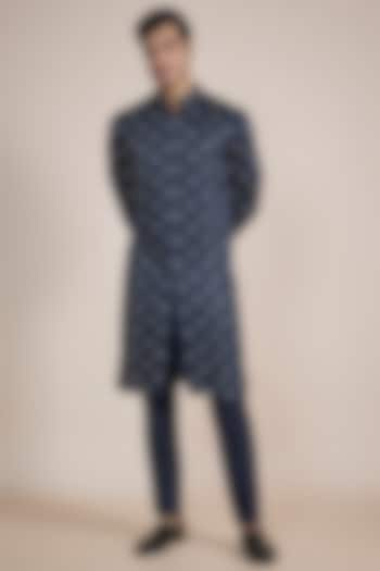 Navy Blue Linen Satin Mirror Motif Embroidered Kurta by Kunal Rawal at Pernia's Pop Up Shop