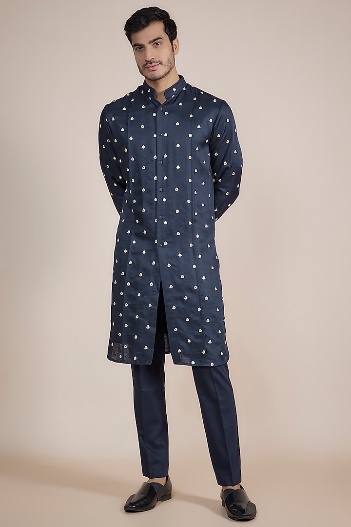 Navy Blue Linen Satin Mirror Motif Embroidered Kurta by Kunal Rawal at Pernia's Pop Up Shop