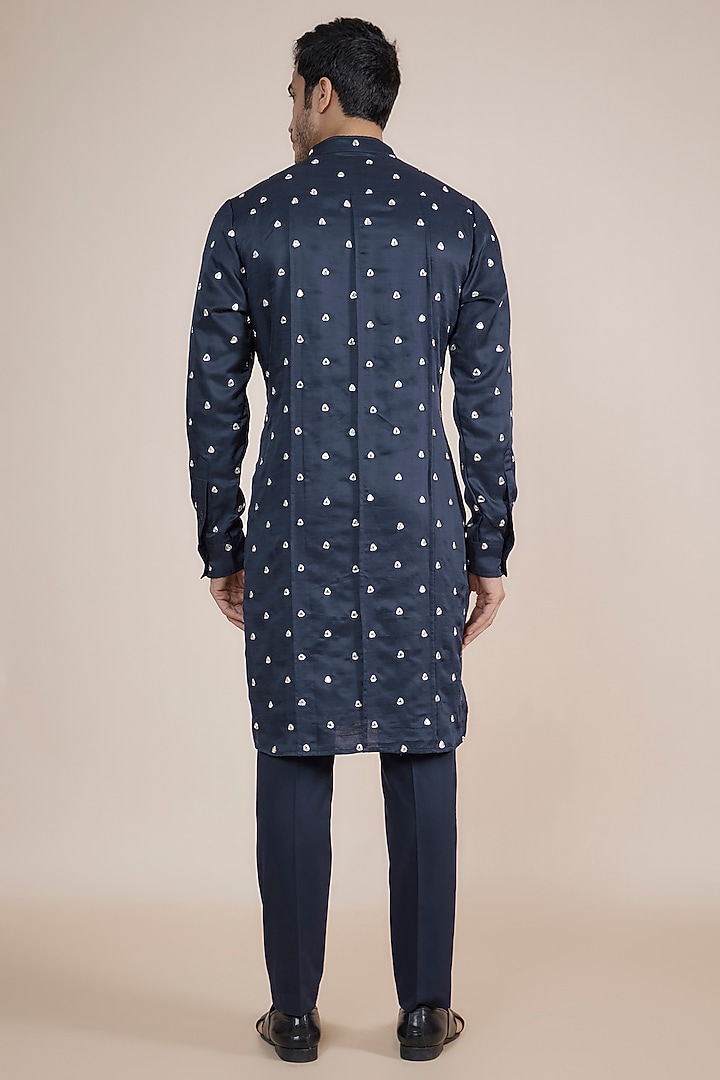 Navy Blue Linen Satin Mirror Motif Embroidered Kurta by Kunal Rawal at Pernia's Pop Up Shop