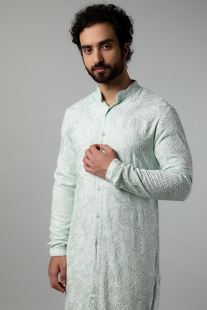 Mint Viscose Thread & Kashmiri Embroidered Kurta by Kunal Rawal at Pernia's Pop Up Shop