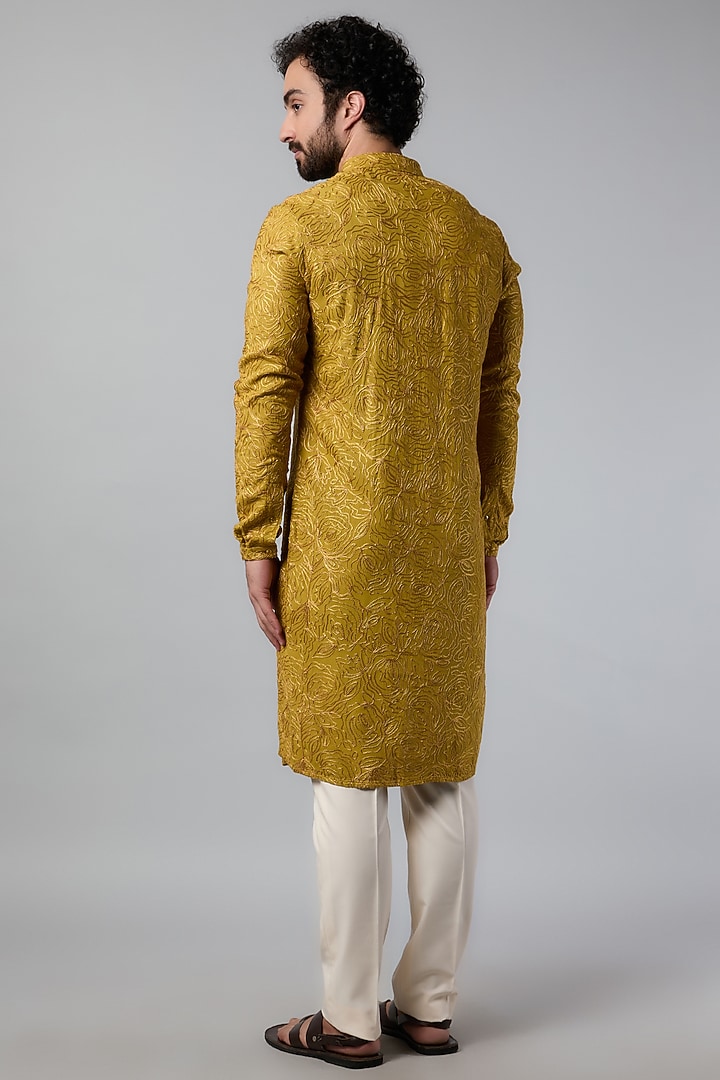 Mustard Viscose Thread & Kashmiri Embroidered Kurta by Kunal Rawal at Pernia's Pop Up Shop
