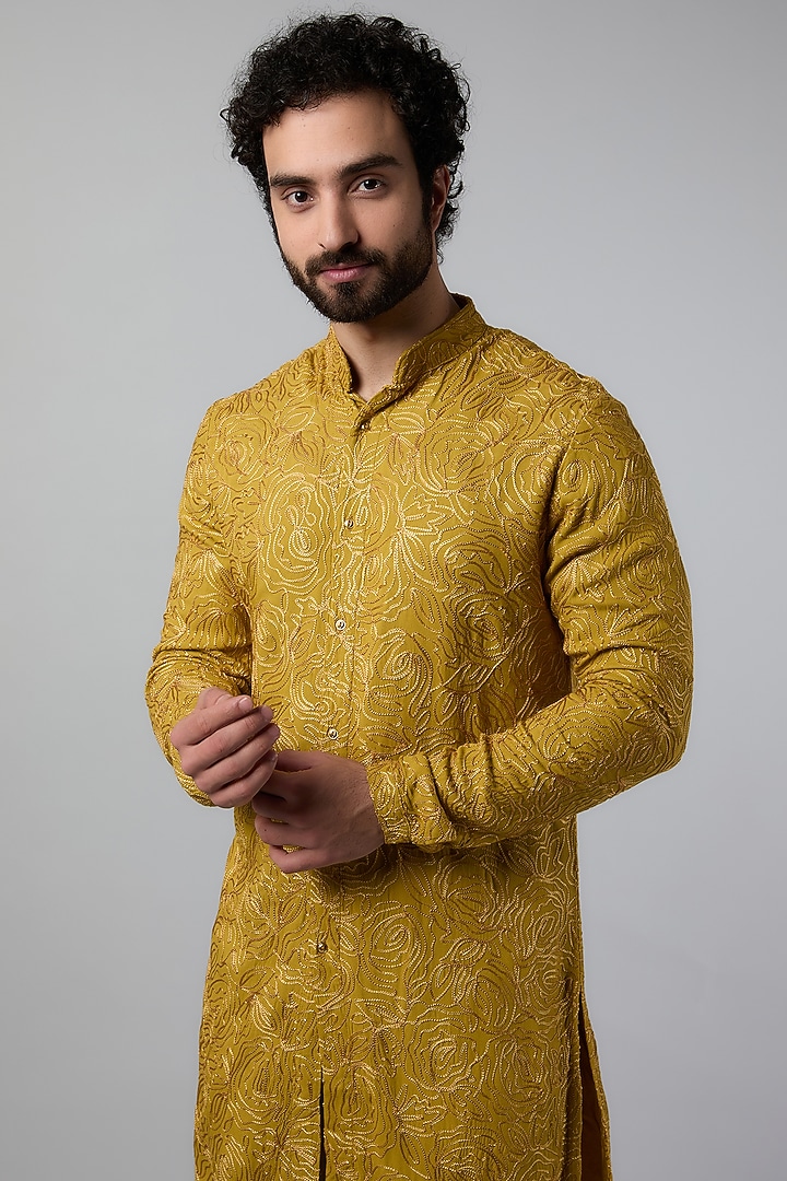 Mustard Viscose Thread & Kashmiri Embroidered Kurta by Kunal Rawal at Pernia's Pop Up Shop