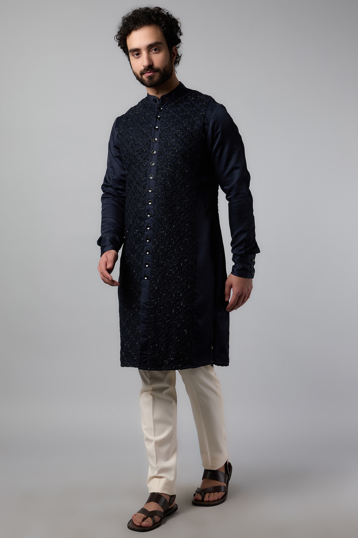 Buy Kunal Rawal Navy Blue Silk Plant Bead Embroidered Kurta at Pernia ...