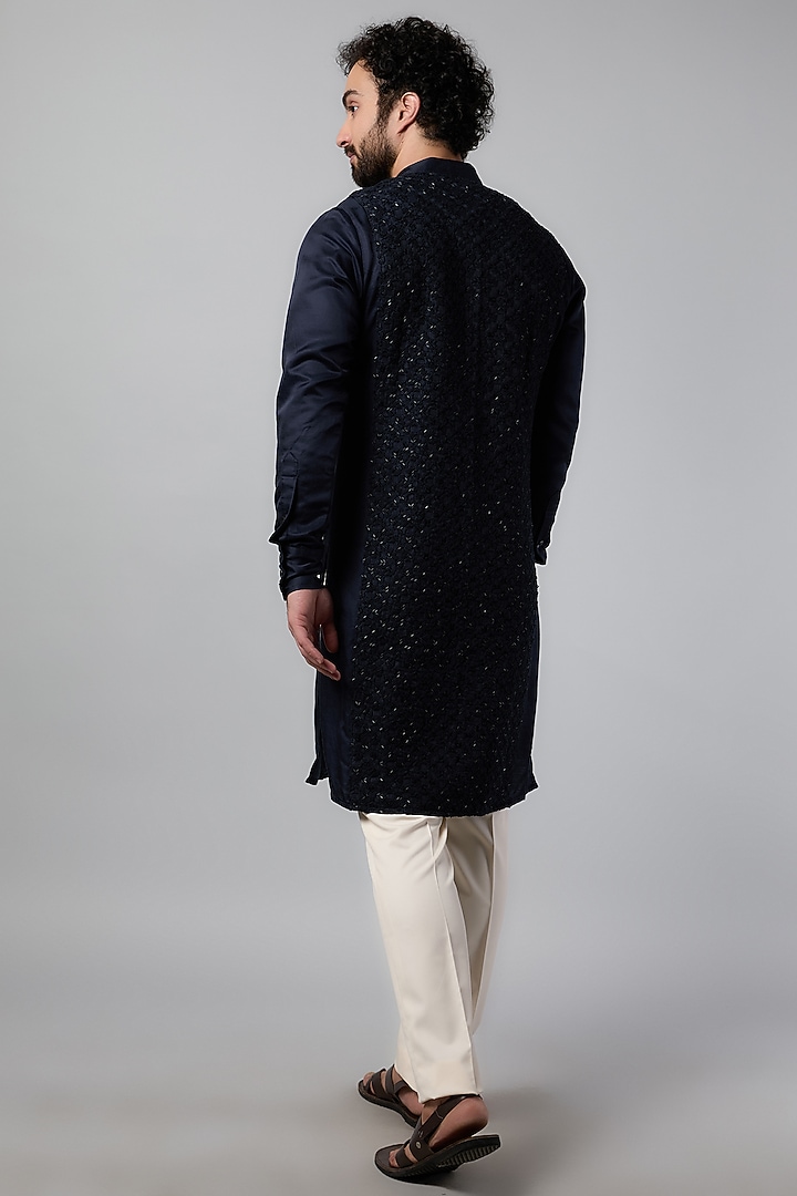 Navy Blue Silk Plant Bead Embroidered Kurta by Kunal Rawal at Pernia's Pop Up Shop