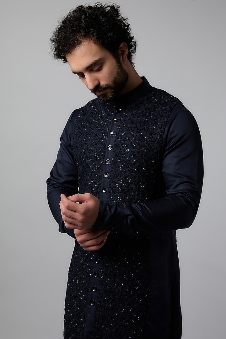 Navy Blue Silk Plant Bead Embroidered Kurta by Kunal Rawal at Pernia's Pop Up Shop