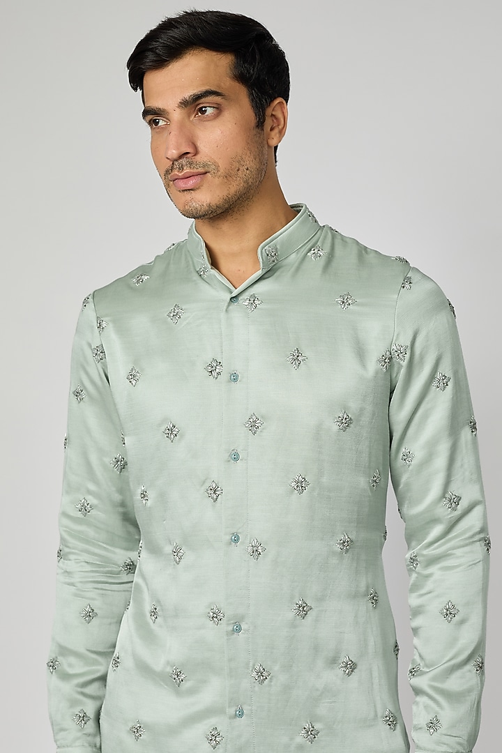 Sage Green Linen Satin Kurta by Kunal Rawal at Pernia's Pop Up Shop