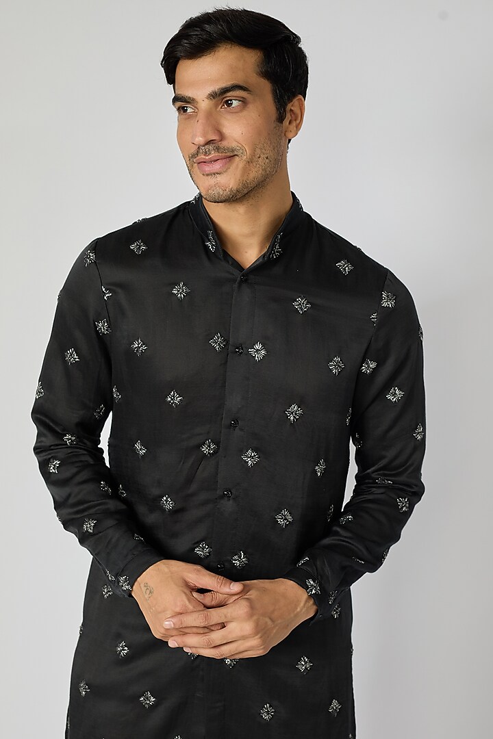 Charcoal Linen Satin Kurta by Kunal Rawal at Pernia's Pop Up Shop